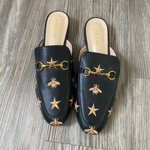 Black Loafer Slides with Gold Embroidered Bees and Stars